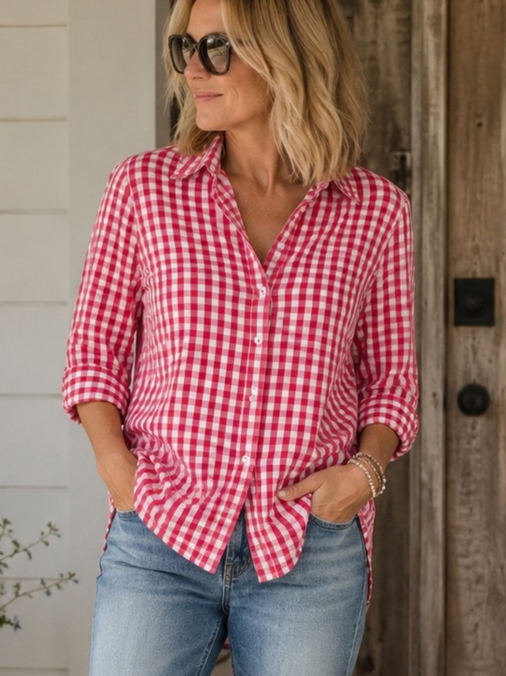 Foxcroft Textured Pink Gingham Check Cotton Blend Shaped 3/4 Sleeve Blouse 12